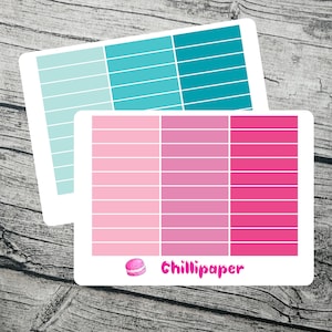 May include: Two planner sticker sheets. One sheet features a gradient of teal and turquoise hues, the other a gradient of pink shades. The stickers have a grid design. The "ChilliPaper" logo is at the bottom of the pink sheet.