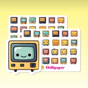 以下が含まれることがあります： さまざまな表情をしたカラフルなテレビの漫画のステッカー30個セット。ステッカーは白い背景にピンク色の「Chillipaper」というテキストが書かれています。