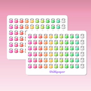 May include: Two sheets of stickers featuring colorful cartoon kettlebells. The stickers are arranged in rows and columns on a white background. The text "Chillipaper" is printed in purple at the bottom of the sheet.