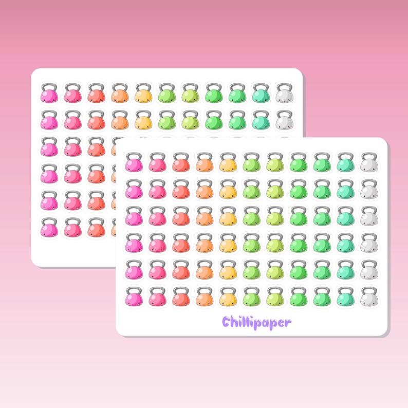 May include: Two sheets of stickers featuring colorful cartoon kettlebells. The stickers are arranged in rows and columns on a white background. The text "Chillipaper" is printed in purple at the bottom of the sheet.