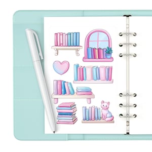 May include: A light blue planner with a white pen and a sticker sheet featuring illustrations of bookshelves, books, a heart, a window, and a cat. The books are in shades of pink and blue.