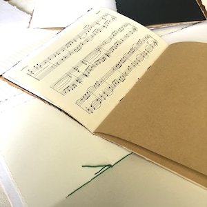 May include: A brown leather-bound journal with a sheet of music paper inside. The journal is tied closed with a green string.