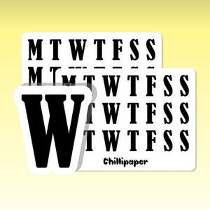 May include: A set of black and white alphabet stickers with the letters M, T, W, T, F, S, and S. The stickers are arranged in a grid pattern and are ideal for labelling and organising. The stickers are on a white background and have a glossy finish.