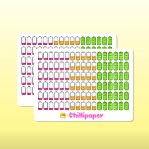 May include: Two sheets of stickers featuring a grid of battery icons in various states of charge. The batteries are illustrated with faces, and the sheets are labelled "Chillipaper".