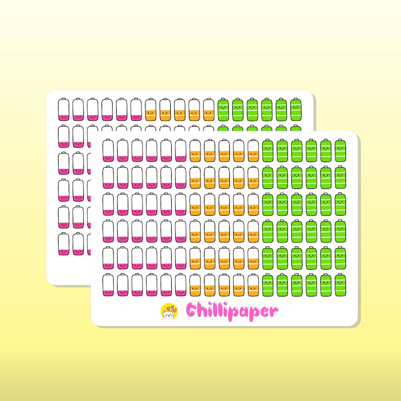 May include: Two sheets of stickers featuring a grid of battery icons in various states of charge. The batteries are illustrated with faces, and the sheets are labelled "Chillipaper".