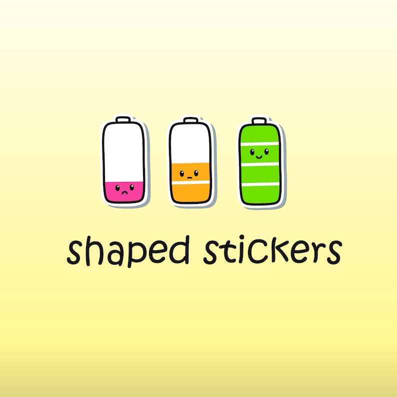 May include: Three cartoon battery shaped stickers with different facial expressions. The stickers are pink, orange, and green. The text "shaped stickers" is below the stickers.