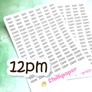 May include: A white sticker with a black outline and the text "12pm" in large, bold letters. The sticker is surrounded by a grid of smaller white stickers with black text, showing times from 6am to 12pm.