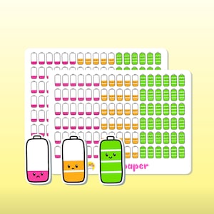 May include: A sheet of stickers with 100 cute battery icons in pink, orange, and green. The batteries have happy faces and different levels of charge. There are three individual stickers of batteries with different charge levels.