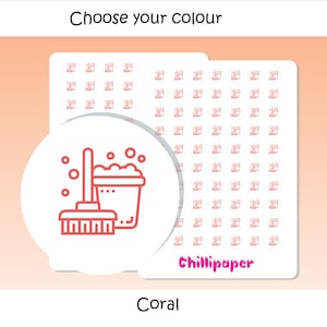 May include: A sheet of 100 coral-coloured cleaning stickers featuring a line drawing of a bucket and a broom. The stickers are designed for use in a planner or journal. The text "Chillipaper" is printed in pink at the bottom of the sheet.