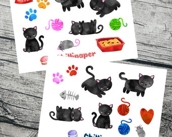 Cat stickers, kawaii cats, cute sticker set, planner stickers, kitty stickers, bullet journal, Black cat, lucky cat, Bujo