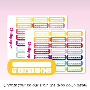 May include: A set of colourful planner stickers with the text "MTWTFSS" in white. The stickers are in various colours, including yellow, orange, red, pink, purple, blue, and green. The stickers are arranged in rows and columns on a white background. The text "Chillipaper" is written vertically on the left side of the image. The text "Choose your colour from the drop down menu!" is written at the bottom of the image.