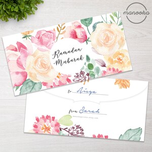 Caligrafia floral aquarela Ramadan Eid Mubarak 2025 DIY presente envelope de dinheiro bolso de dinheiro impressão digital download instantâneo