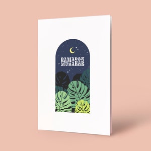 Noite Retro Eid Mubarak Ramadan 2025 Monstera Boho A2 Cartão de felicitações islâmico Download instantâneo Digital Printable