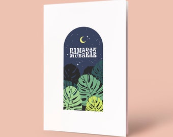 Night Retro Eid Mubarak Ramadan 2023 Monstera Boho A2 Islamitische wenskaart Instant Download Digital Printable