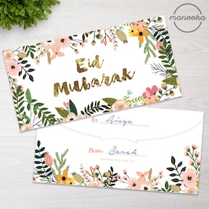 Envelope de dinheiro para presente floral dourado Ramadan Eid Mubarak 2025 DIY bolso para dinheiro impressão digital download instantâneo