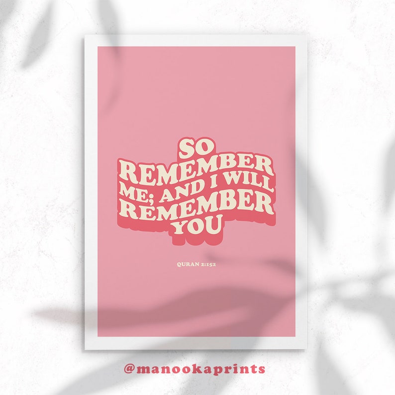 So Remember Me And I will Remember You Pink Retro 70s Printable Poster Print Quran Islamic Artwork Instant Download image 2