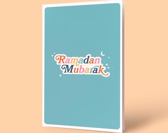 Blue Retro Ramadan Eid Mubarak 2023 A2 Blue Rainbow Retro greeting card Instant Download Digital Printable