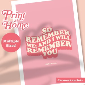 So Remember Me And I will Remember You Pink Retro 70s Printable Poster Print Quran Islamic Artwork Instant Download image 3