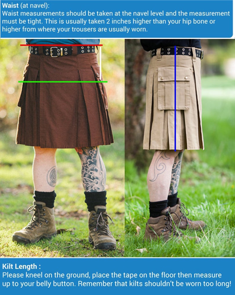 BLACK Gothic Style Fashion UTILITY KILT Custom Size Available Color Brown Blue Red Green White