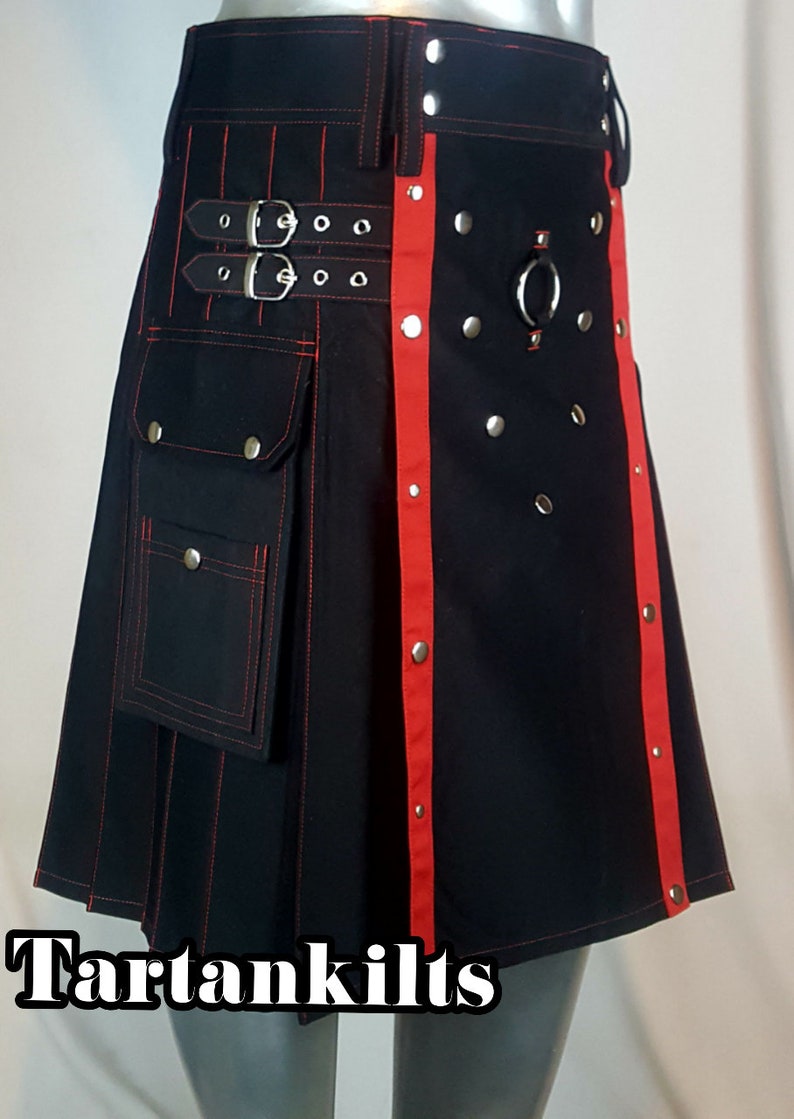 BLACK Gothic Style Fashion UTILITY KILT Custom Size Available Color Brown Blue Red Green White