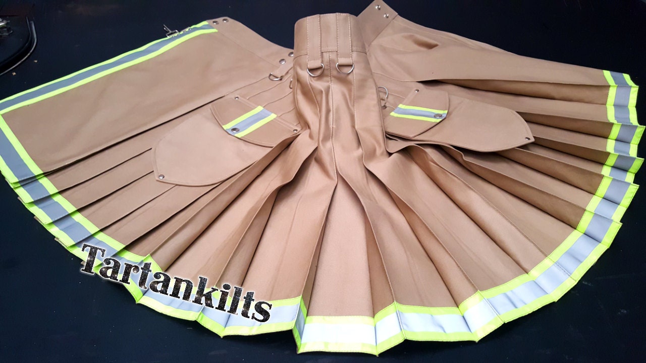 Image of Khaki Firefighter Cargo Kilt Custom Size Available Color Brown Blue Red Green White Black