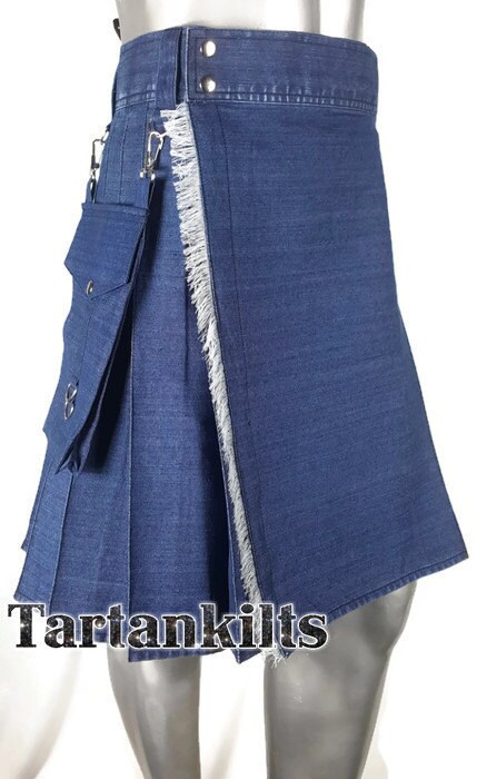 Image of Blue Denim Fashion Kilt Detachable Pockets