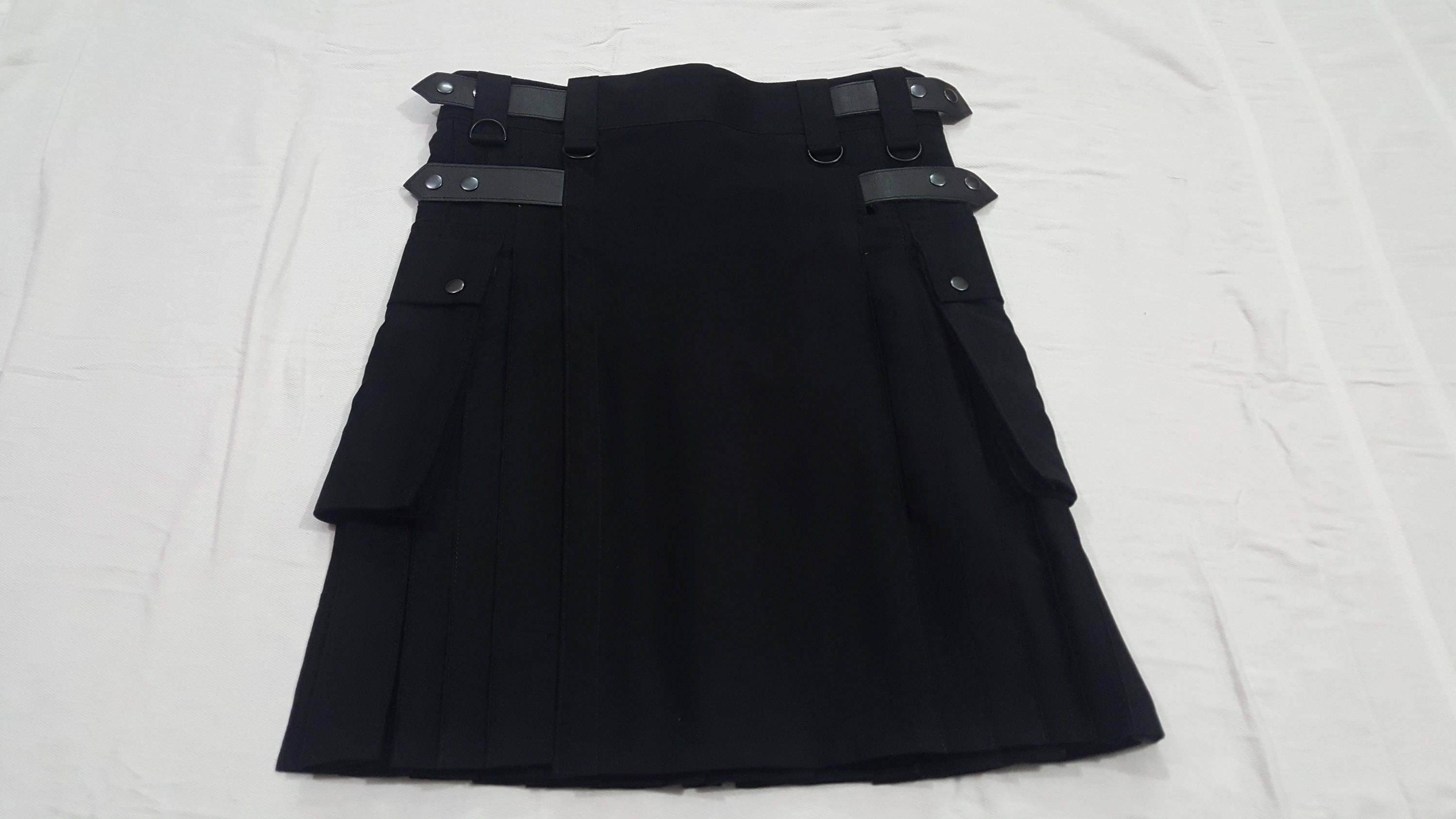 Image of Deluxe Fashion Black Utility Kilt Custom Size Available Color Brown Blue Red Green White