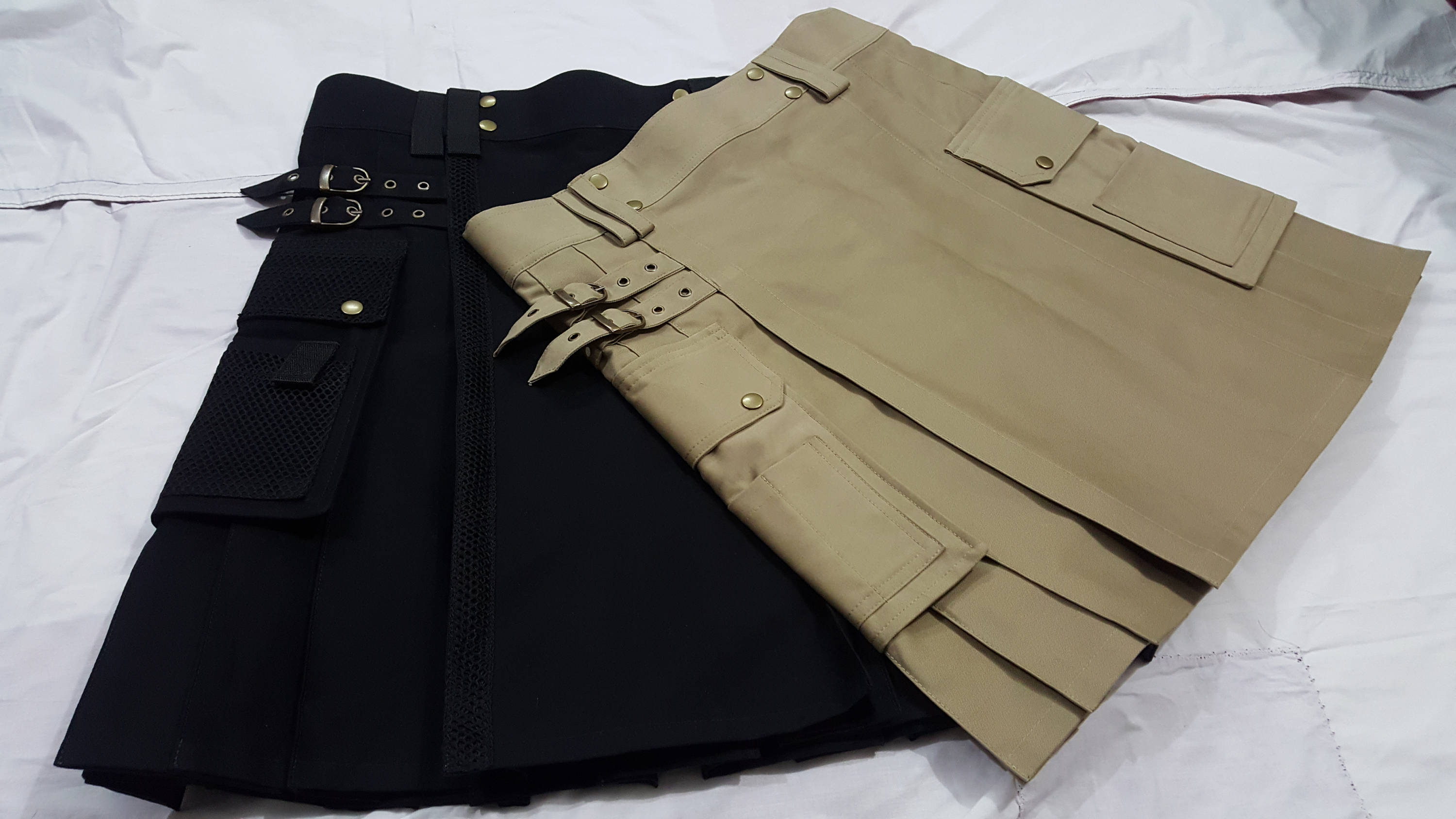 Image of Deal 2 Kilts Black Utility Net Flop Pockets Style Kilt | Khaki