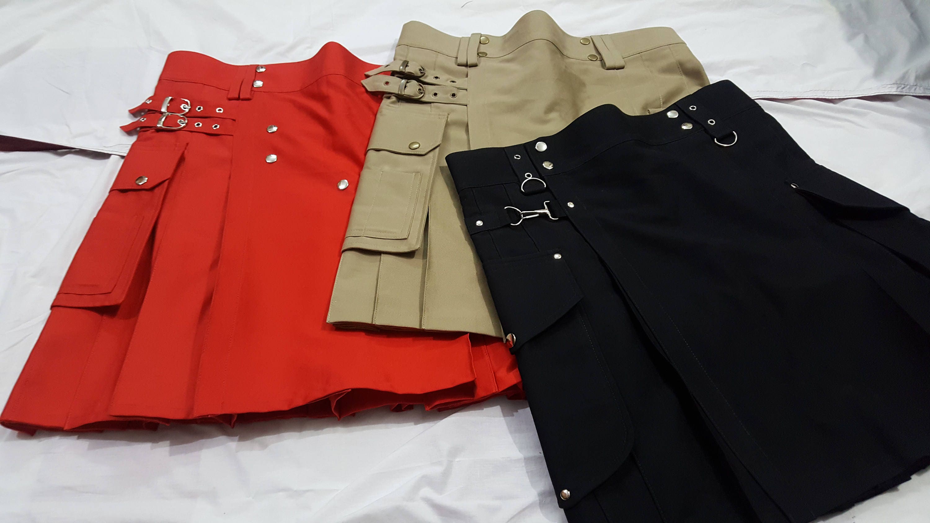 Image of Deal 3 Kilts Black Cargo Kilt | Khaki Utility Red Men's