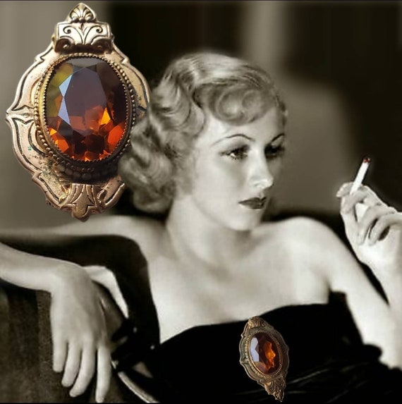 Art Nouveau Art Deco Large Topaz Rhinestone Gold … - image 1