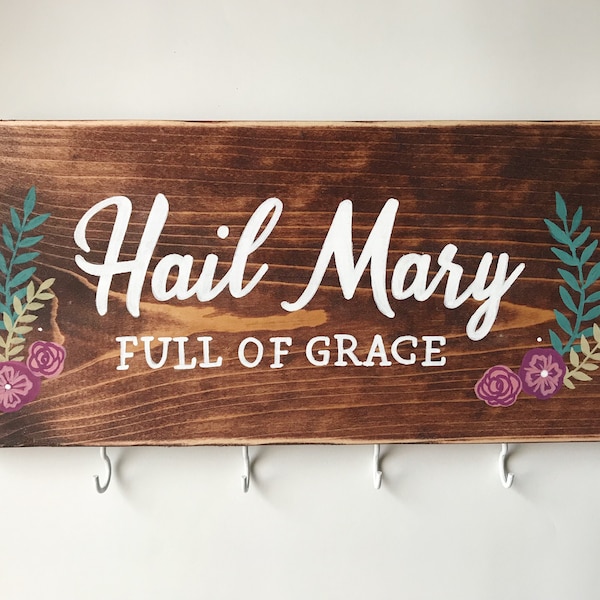 Hail Mary Wood Sign Rosary hanger, hand-painted, home decor, prayer wall, gifts for her, wood sign decor, painted wood