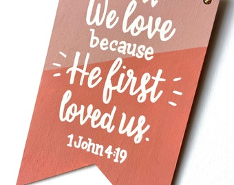 Hand-Painted Scripture Wood Pennant Sign, Catholic Home Decor