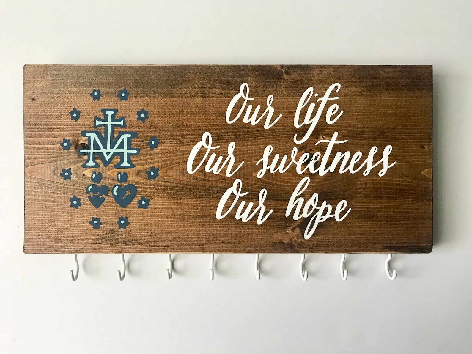 Hand-Painted Rosary Hanger, Wood Prayer Wall Decor - 8, Red Oak/White hooks