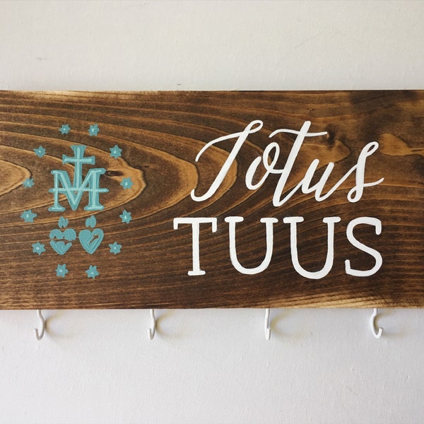 Totus Tuus Wood Sign Rosary hanger, hand-painted, home decor, prayer wall, gifts for her, wood sign decor, painted wood