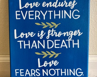 St Faustina Quote, Hand-Painted Scripture Art, Love Endures Everything, 8x10 Canvas