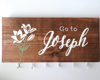 Go to Joseph Wood Sign Rosary hanger, hand-painted, home decor, St Joseph, Catholic saint, prayer wall, wood sign decor, painted wood