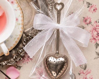 Set of 10 Heart-Shaped Tea Infuser Party Favors – Stainless Steel – Individually Bagged with Your Choice of Ribbon Color – USA Maker