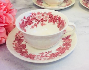 Wedgwood Bramble Pink and White Red Transferware Teacup and Saucer Set Made in England Multiples orphan saucers