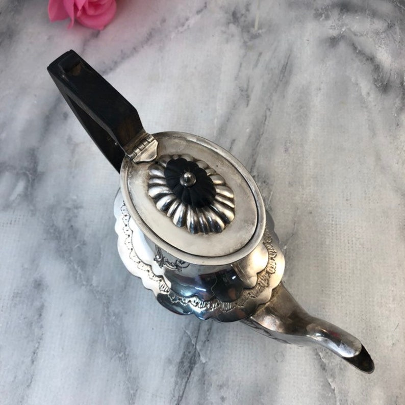 Silver Plate Teapot with wood handle Fancy Scrollwork details Silver over Copper Lovely VGC