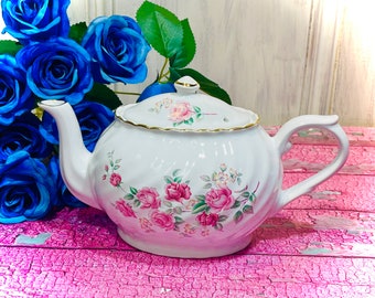 Arthur Woods and Sons Teapot Vintage Pink Cabbage Roses Lovely Vintage  England Made Large Oval Swirl Fluted (0650)