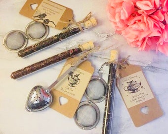 Made in the USA Bridal Baby Shower Tea Party Favors with Heart Shaped Tea Infuser Test Tube Custom Label Tag Assembled Corporate Strainer