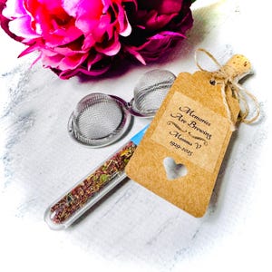 Made in the USA Bridal Baby Shower Tea Party Favors with Tea Infuser Test Tube Love is Brewing Custom Label Tag Corporate