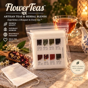 May include: A clear plastic bag containing white tea bags with a printed guide showing eight tea and coffee varieties, including Oolong, White, Green, Black, Coffee, Fruity, Herbal, and Jasmine, each with its specific brewing temperature range.