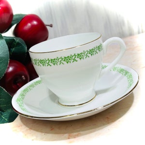 English Tea Cup and Saucer White with Green Trim and Gold Fine Bone China Vintage England Made (UNMARKED 0496)