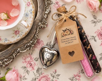 Made in  USA Tea and Sugar Bridal Baby Shower Tea Party Favors with Heart Tea Infuser Test Tube Love is Brewing Custom Label Tag Corporate