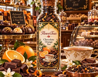 May include: A clear glass bottle filled with loose leaf tea, topped with a cork stopper. The label features the text FlowerTeas Chocolate Orange Tea, with illustrations of oranges, chocolate squares, and a teacup. The bottle is surrounded by oranges.