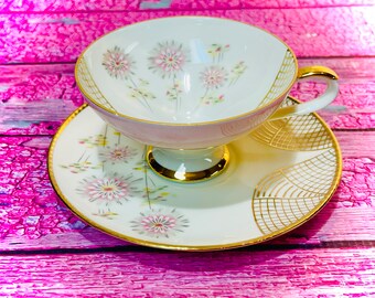 D R & W Teacup and Saucer Vintage Set Germany Made Pink Gold MCM (0722)