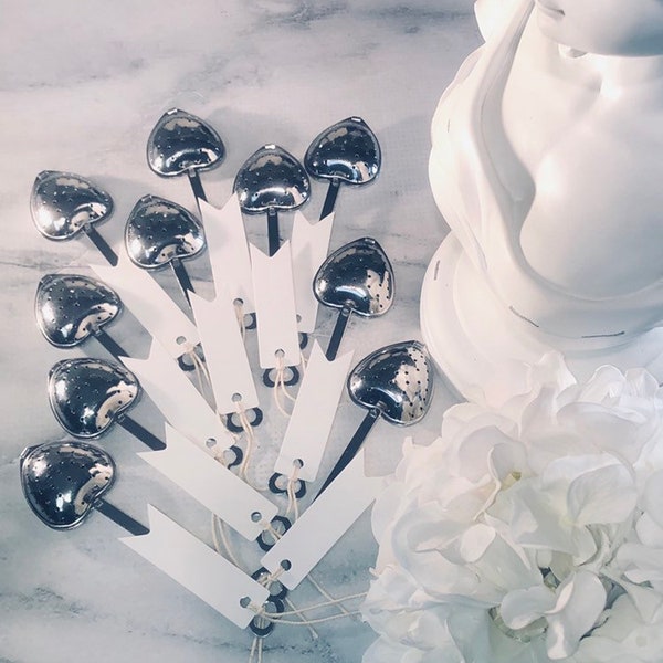 Set of 10 Stainless Steel Heart Shaped Tea Infuser Party Favors with or without White or Kraft Blank Tags Baby Bridal Shower Wedding USA