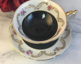 Royal Bayreuth Teacup and Saucer Vintage Set US Zone Germany Made Pink Blue Gold Wreath on Black