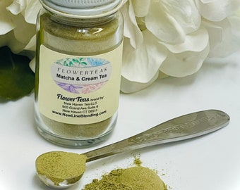 Matcha and Cream Tea Blend Stone Ground Green Tea and Vanilla Powders Gift Tin, Pouch